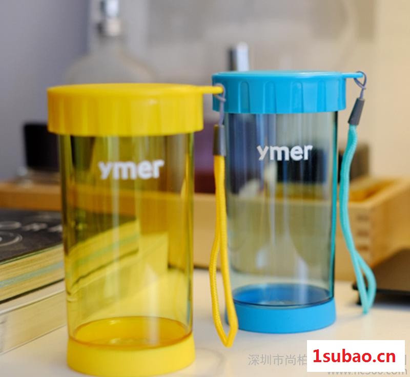 Ymer儿童创意便携防漏带盖旅行水壶水杯子 茶杯挂绳塑料杯随