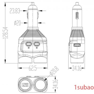 华科达536-C单孔双USB带显示屏母座(按键款) 车载点烟器充电器外壳