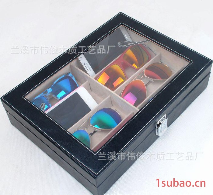 眼镜收纳盒8格皮革多功能透明盖墨镜收纳盒多格太阳镜盒