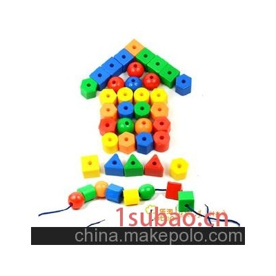 大号几何串珠塑料积木 儿童穿线玩具 益智塑料积木 辨认形状积木