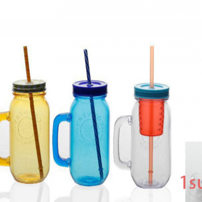 新款塑料带手柄吸管水杯 24oz杯子 AS马口铁盖杯可定制颜色logo