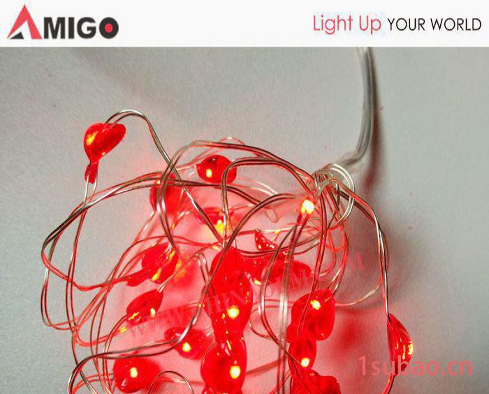 3米30LED红色爱心造型铜线灯串 USB银丝灯 电池盒七彩灯串