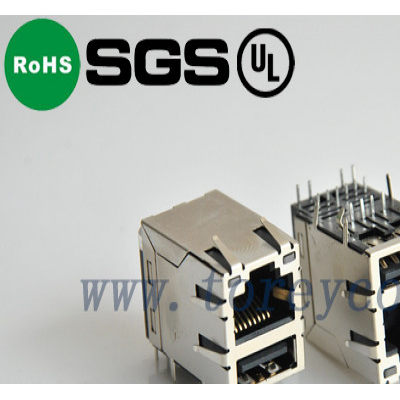 RJ45+单层USB 网络插座带灯带弹连接器