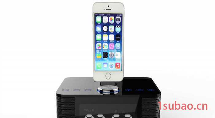供应T5酒店客房iphone5底座闹钟蓝牙音箱高端触摸USB充电播放器厂家图2
