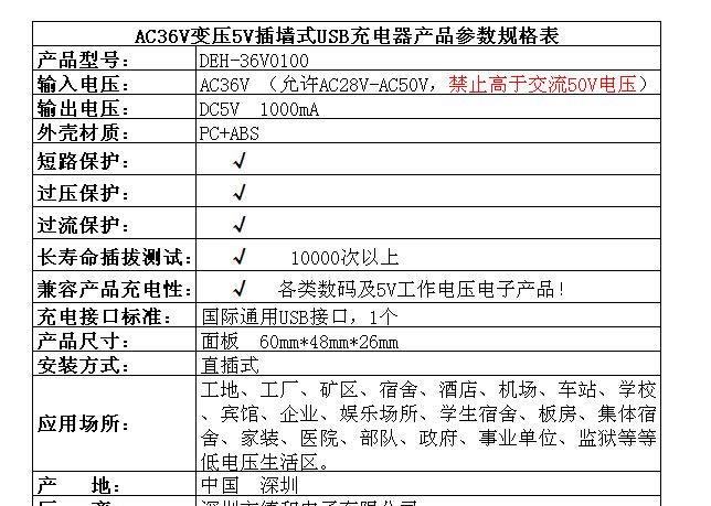 36V插墙式USB 5V1A充电器规格参数1