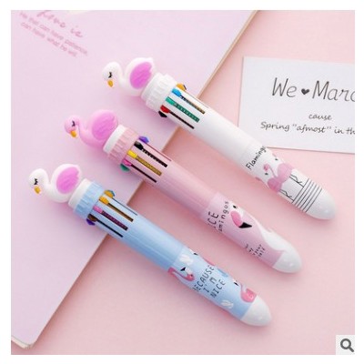 韩国小清新火烈鸟10色圆珠笔 可爱创意学生多功能手账笔 多彩笔