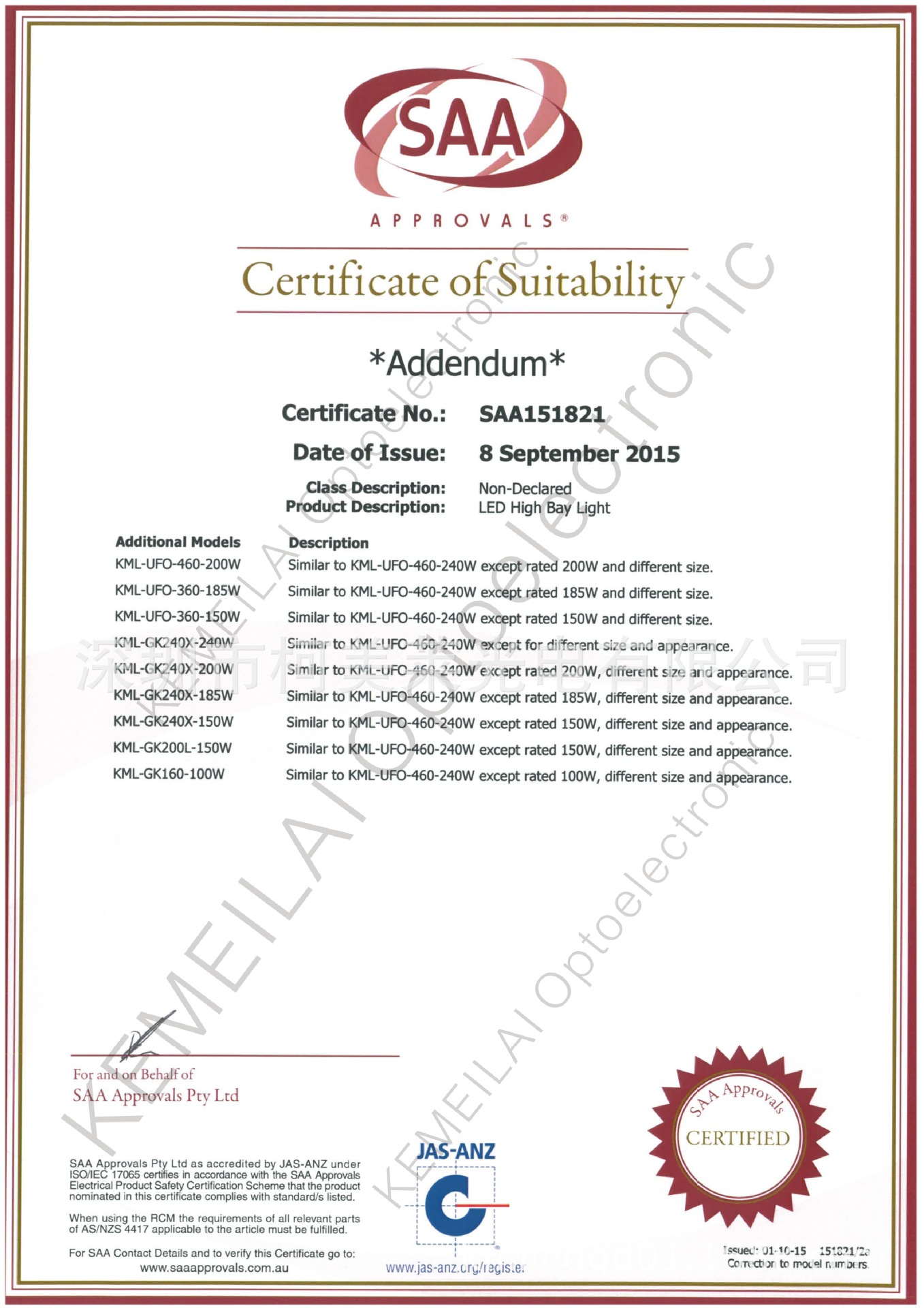 SAA Certificate(KML LED HIGH B