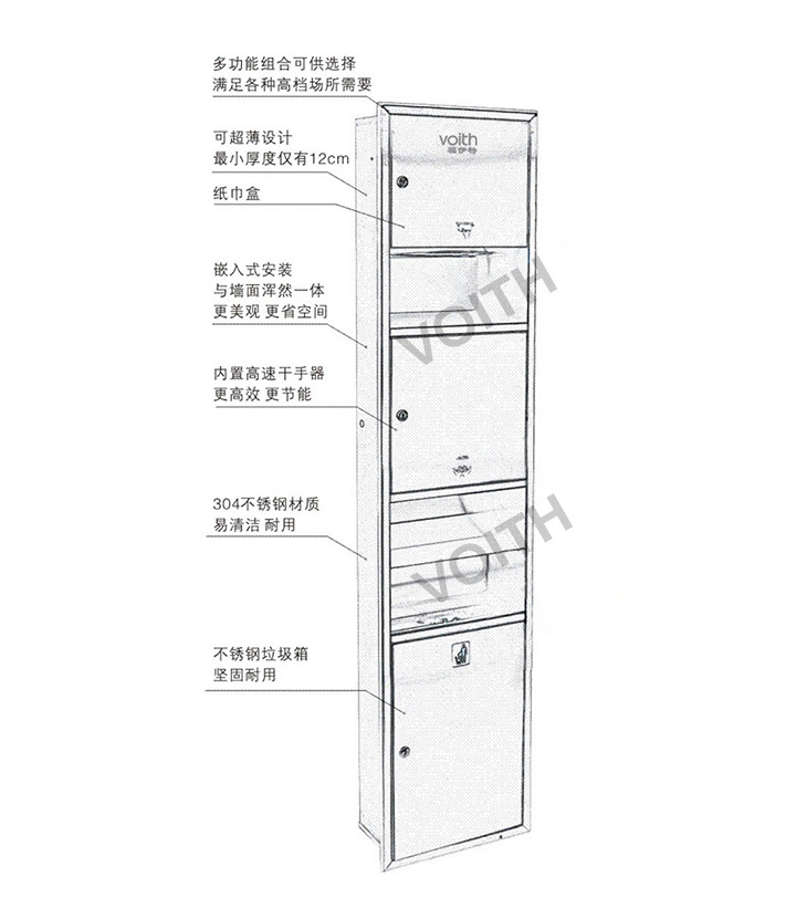 福伊特 HS-8522B不锈钢三合一垃圾桶、干手器、手纸箱一体机示例图10