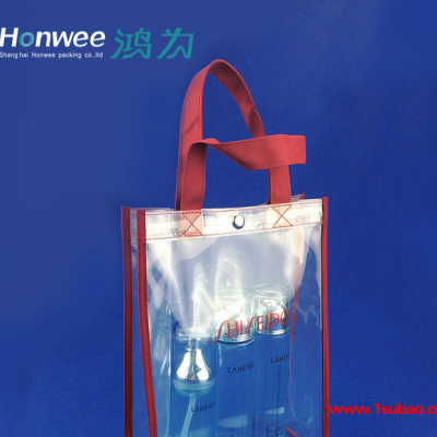 环保透明EVA塑料手提袋 缝纫车线红色包边洗漱产品拎包 出口日本