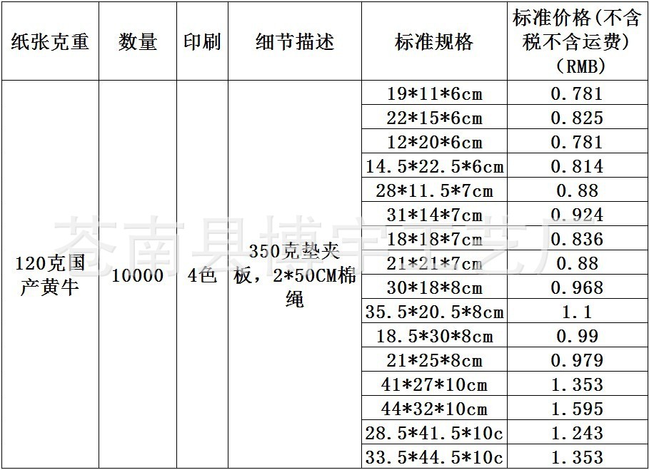 120克国产黄牛纸袋标准规格报价