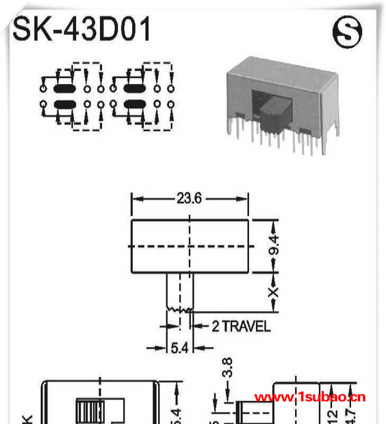 【直销】SK-43D01侧柄拨动开关 4P三档侧柄音箱滑动冰箱开关
