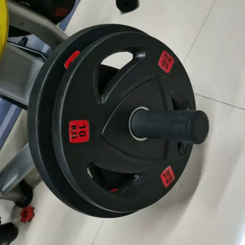 三孔飞铃杠铃片黑色大孔纯钢电镀举重铸铁包胶杆铃片全胶配重片
