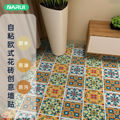 外贸热销波西米亚花砖贴厨房装饰自粘墙贴防滑磨砂瓷砖地板贴批发