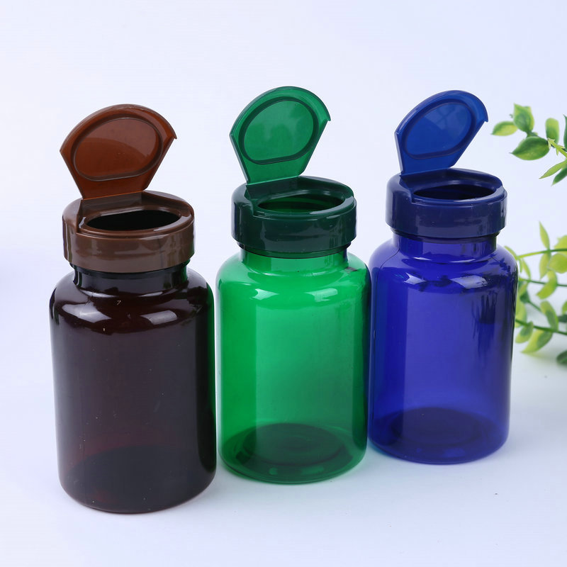 批发80 120 150ml 胶囊保健品瓶子翻盖空药瓶绿色茶色蓝色固体瓶图3